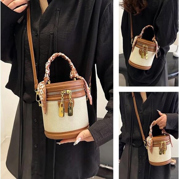 Retro Bucket Bag PU Leather Canvas Small Crossbody Top Handle for Women - Picture 7 of 8